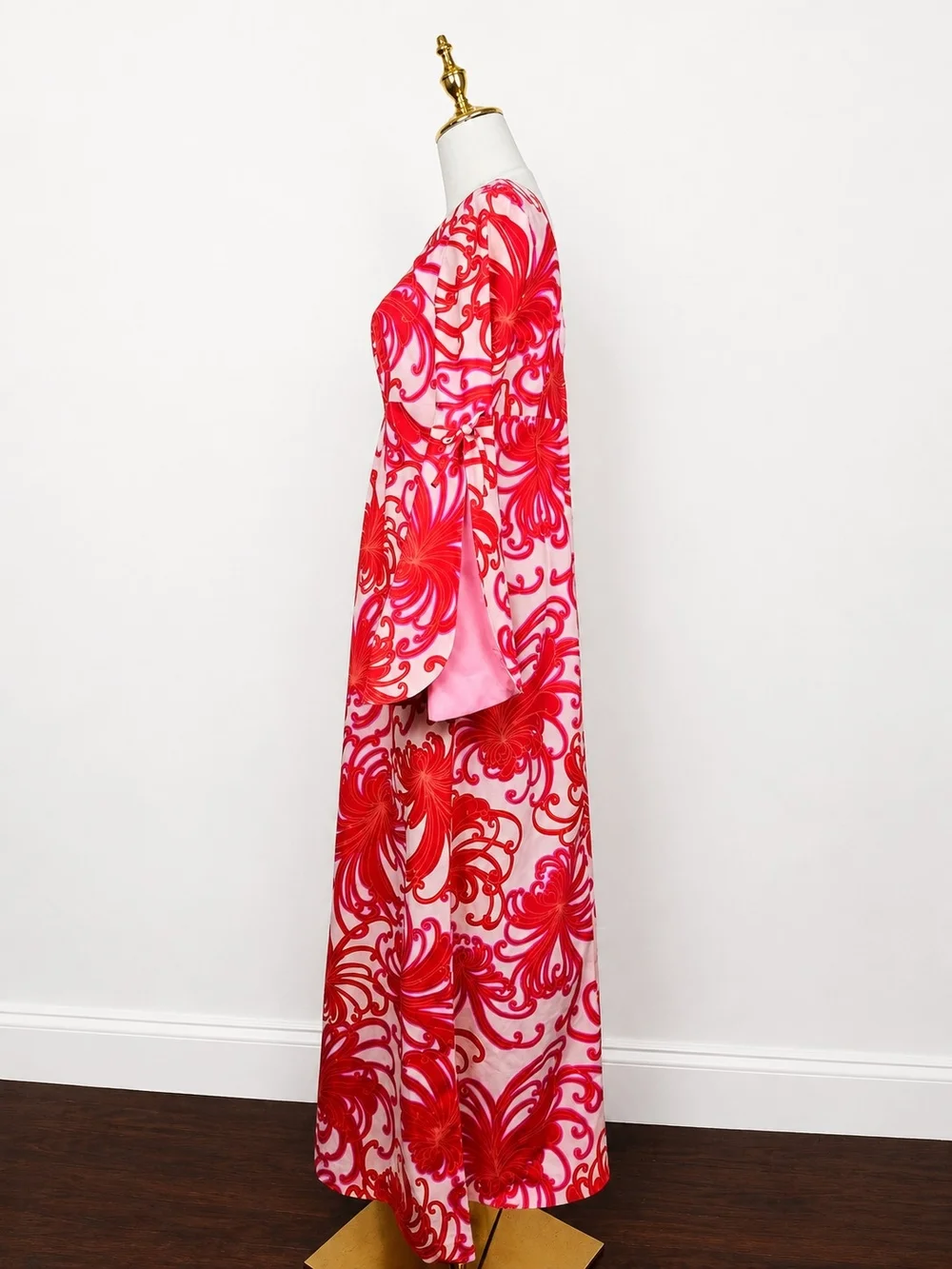 Vintage 60s Hawaii Nei Honolulu Psychedelic Bell Sleeve Maxi Dress Pink Sz 10 - Picture 7 of 12